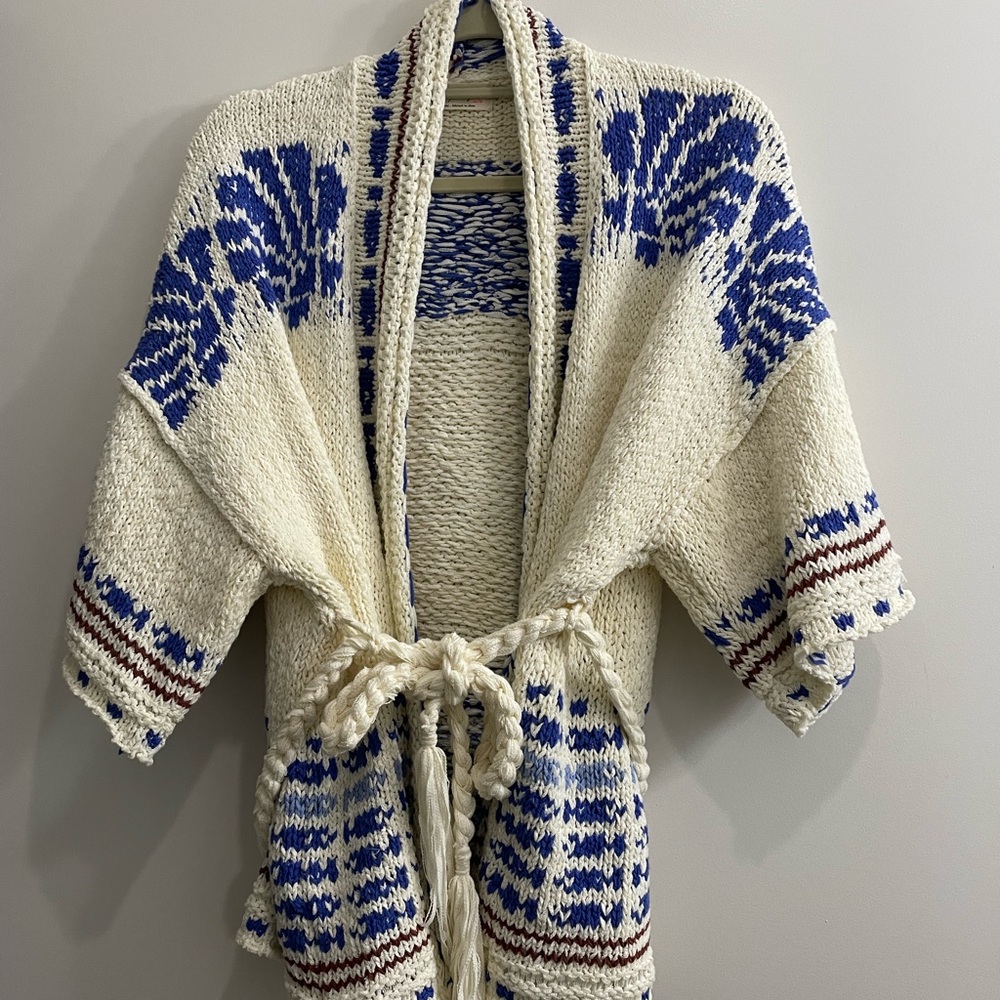 Free People White and Blue Shell Pattern Cardi